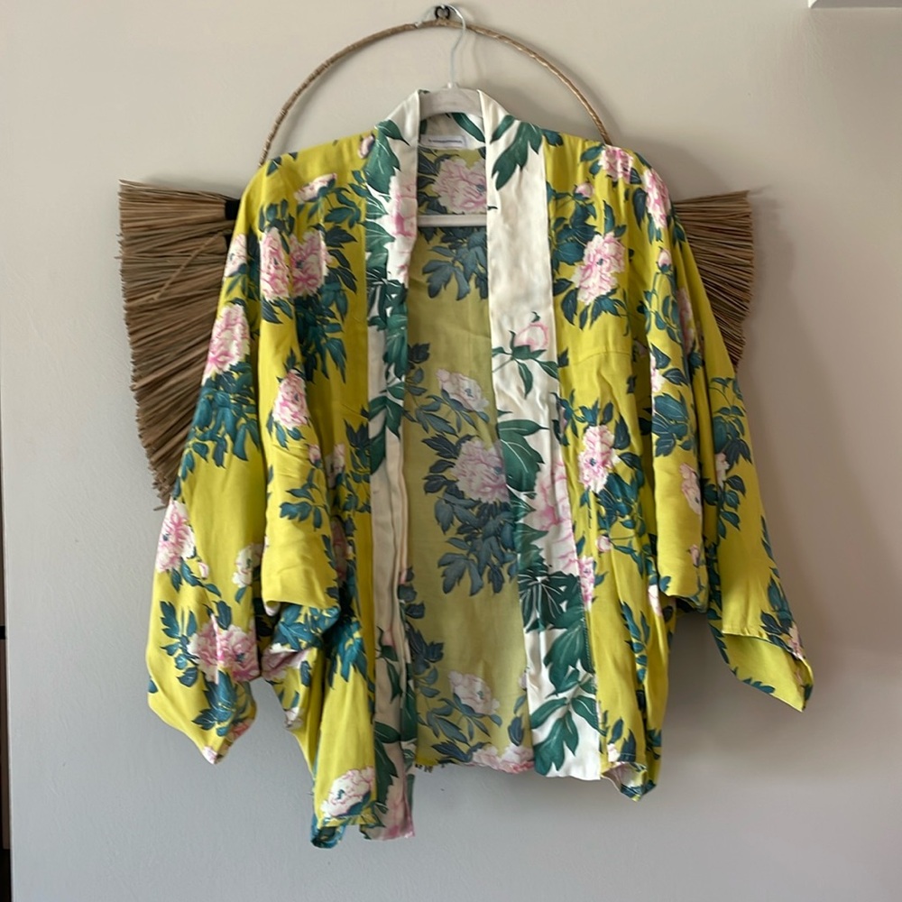 By Anthropologie Women's Elma Yellow Kimono | Pink Green Floral | M